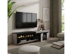 Mueble TV, Televisión, 200x35x45cm, Para TV hasta 80", Chimenea eléctrica, Cemento