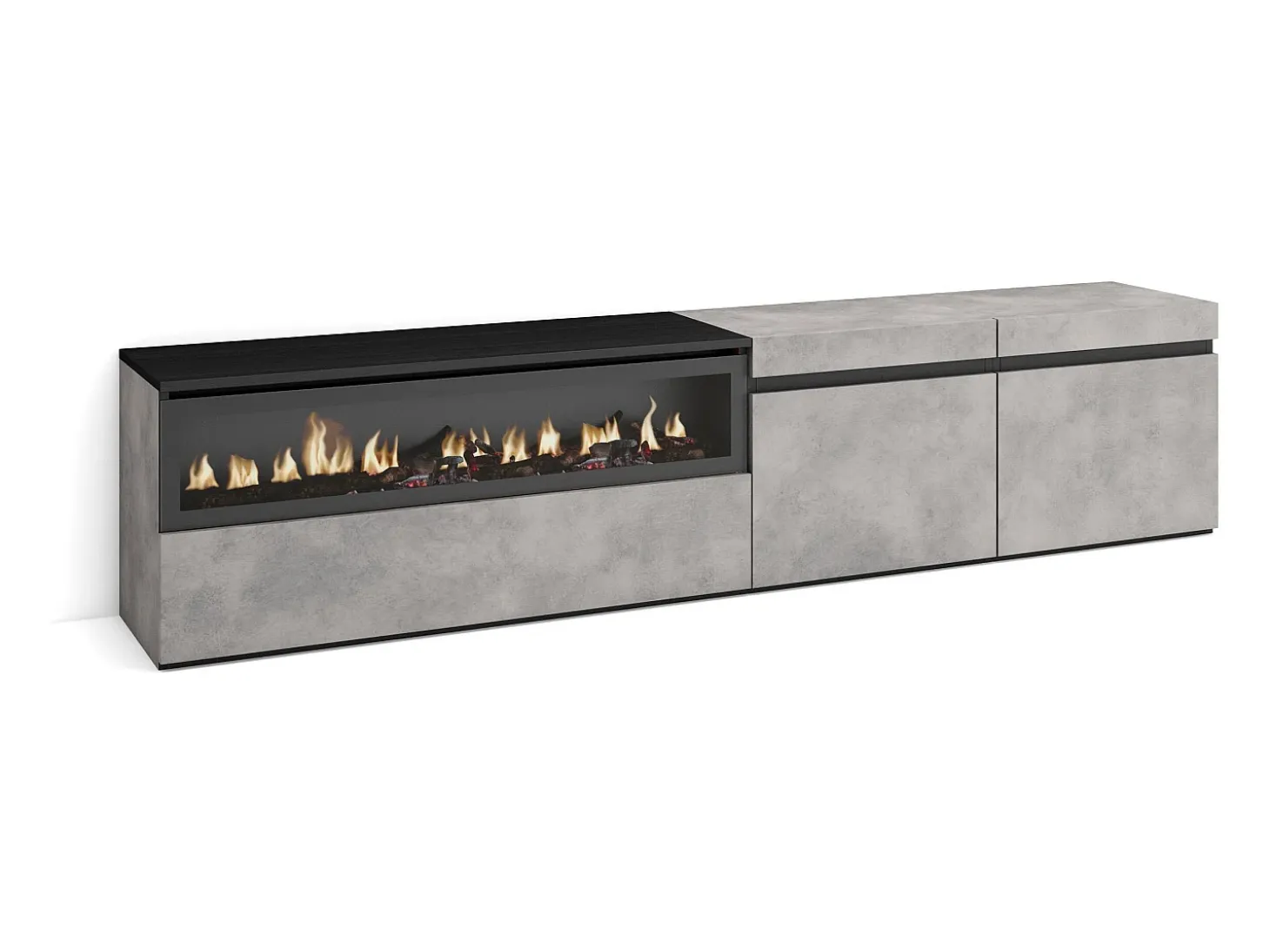 Mueble TV, Televisión, 200x35x45cm, Para TV hasta 80", Chimenea eléctrica, Cemento