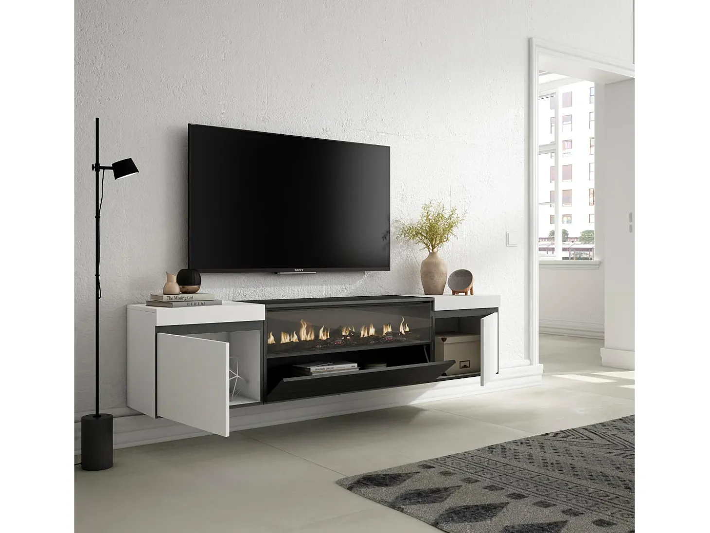 Mueble TV, Televisión, 200x35x45cm, Para TV hasta 80", Chimenea eléctrica, Colgado, Suspendido, Blanco y negro