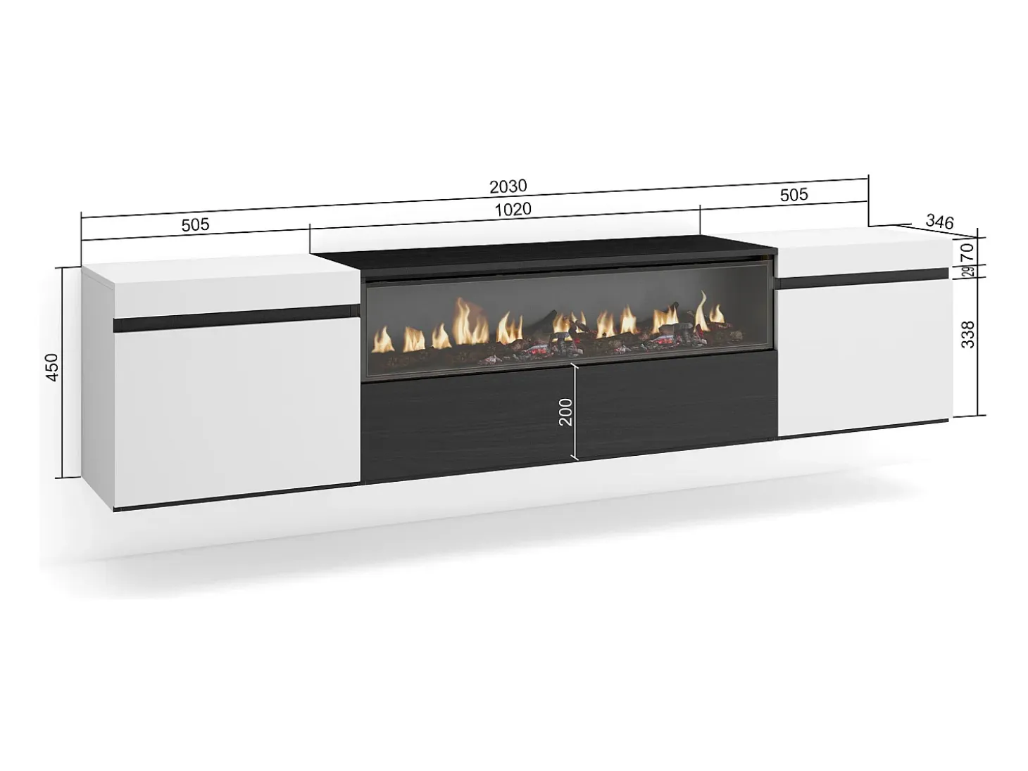 Mueble TV, Televisión, 200x35x45cm, Para TV hasta 80", Chimenea eléctrica, Colgado, Suspendido, Blanco y negro