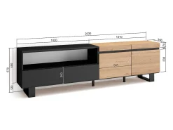 Mueble TV, Televisión, 200x35x57cm, Para TV hasta 80", Diseño industrial, Roble y negro