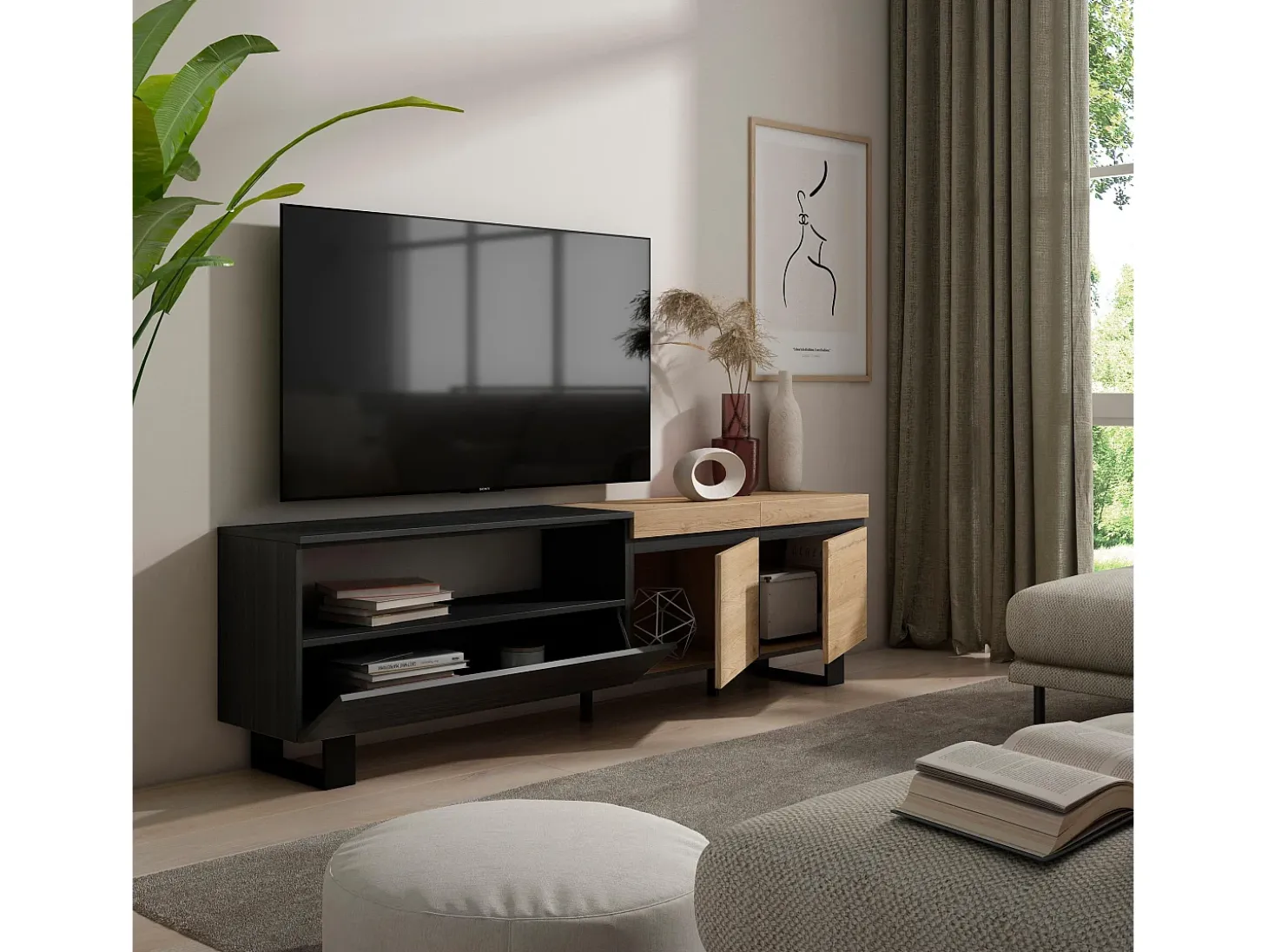 Mueble TV, Televisión, 200x35x57cm, Para TV hasta 80", Diseño industrial, Roble y negro