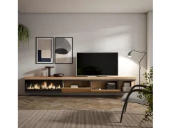 Mueble TV, Televisión, 317x35x45cm, Chimenea eléctrica XXL, Colgado, Suspendido, Roble