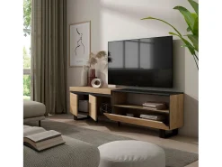 Mueble TV, Televisión, 200x35x57cm, Para TV hasta 80", Diseño industrial, Roble y negro