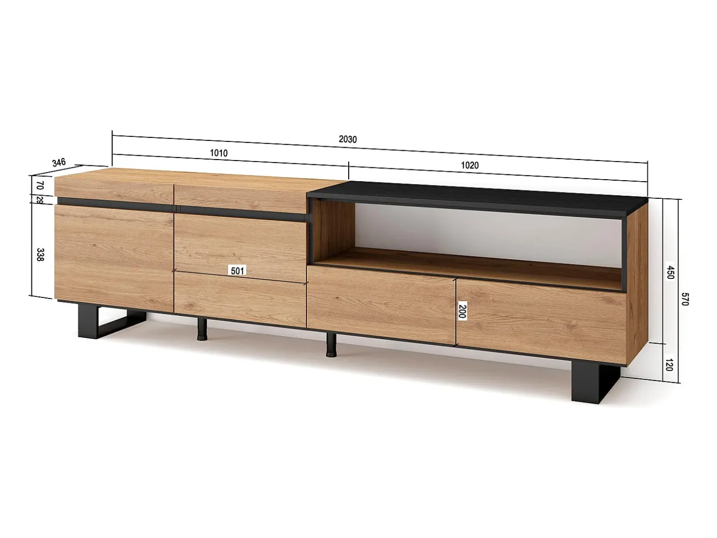 Mueble TV, Televisión, 200x35x57cm, Para TV hasta 80", Diseño industrial, Roble y negro