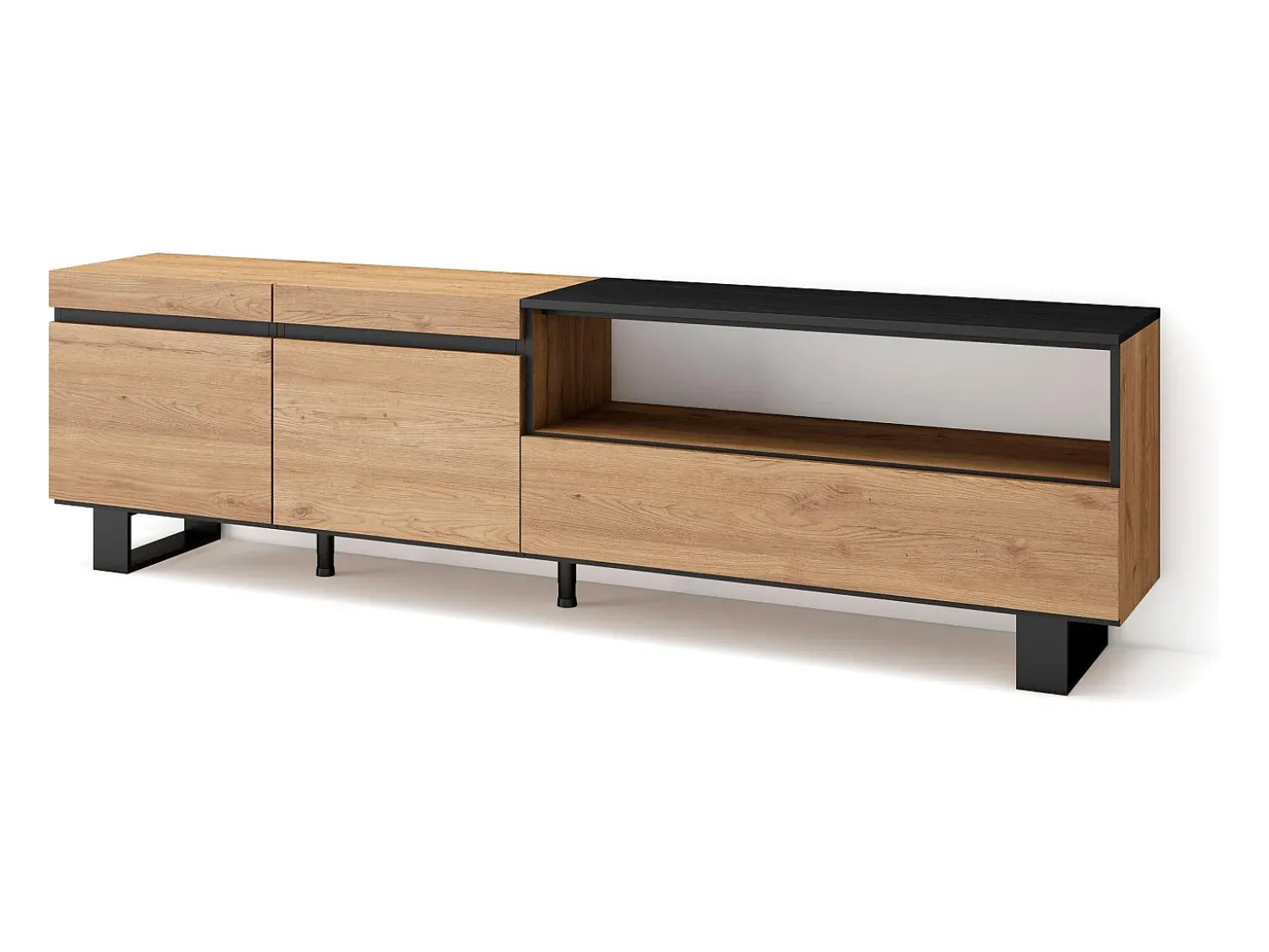 Mueble TV, Televisión, 200x35x57cm, Para TV hasta 80", Diseño industrial, Roble y negro