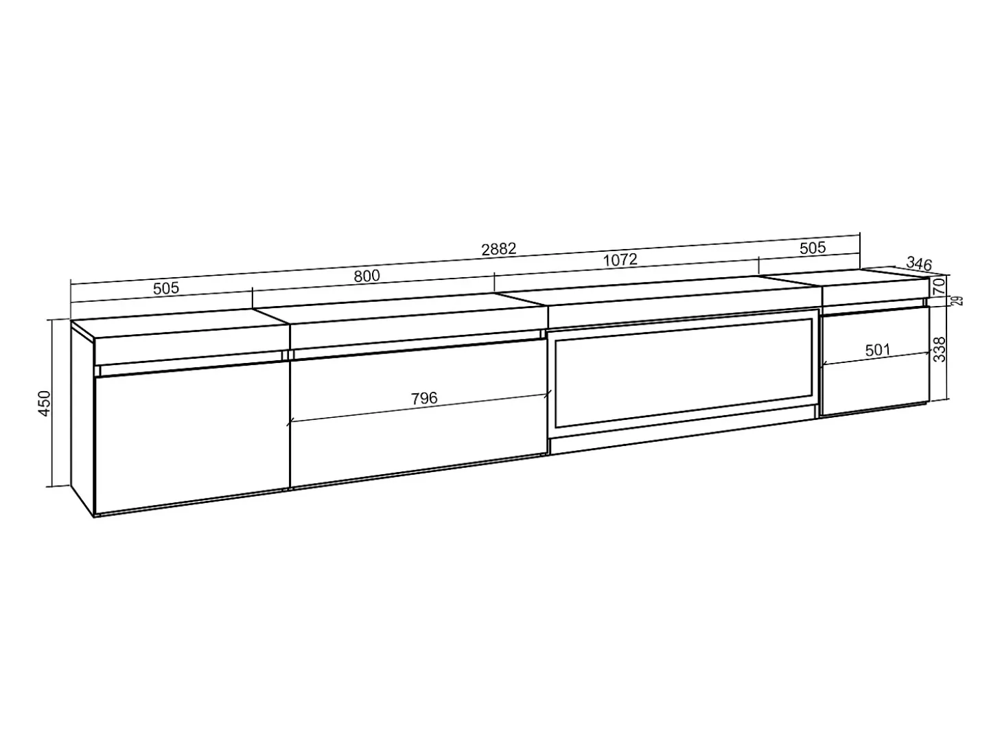 Mueble TV, Televisión, 288x35x45cm, Para TV gran formato, Chimenea eléctrica XXL, Colgado, Suspendido, Roble
