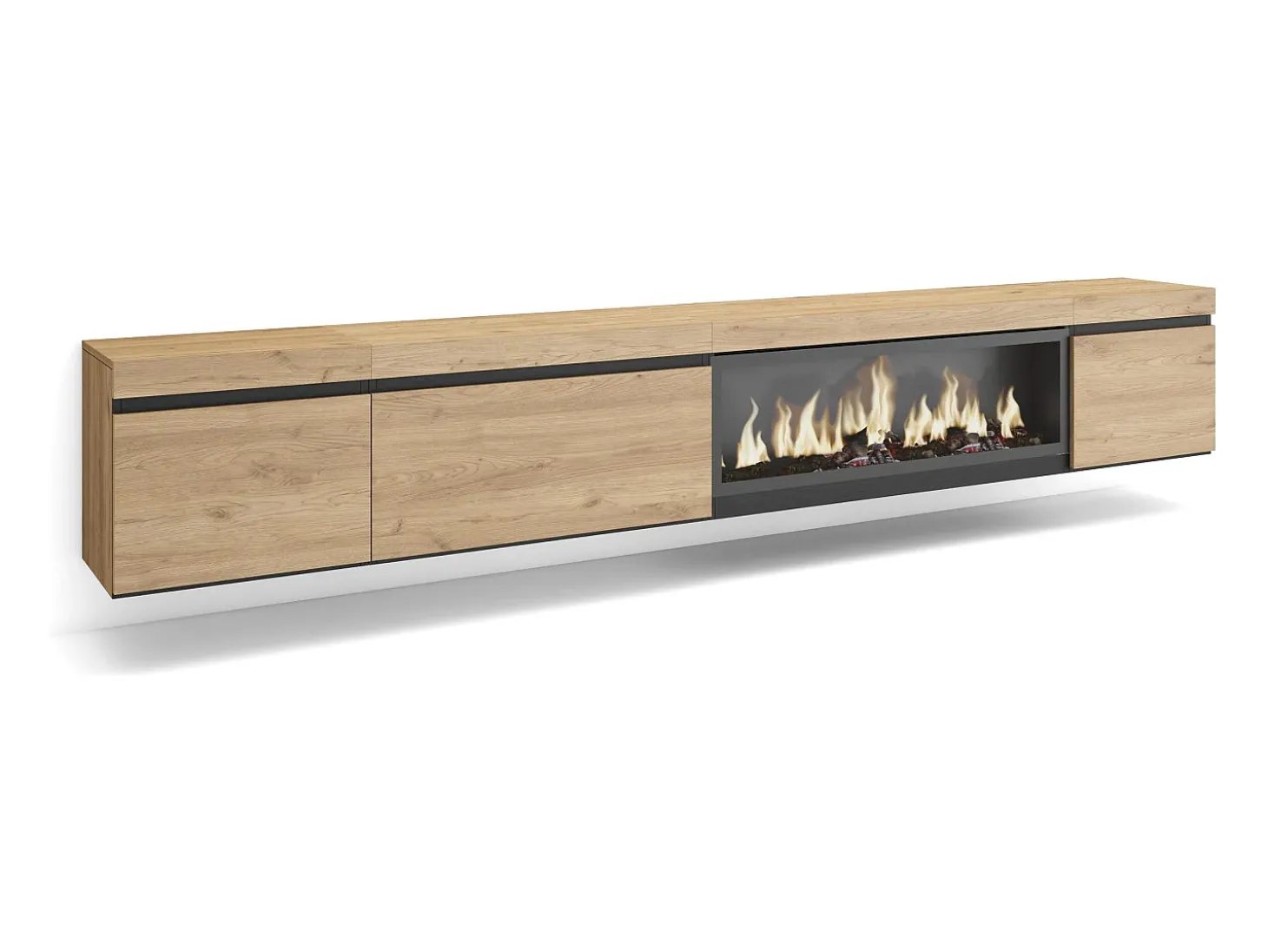 Mueble TV, Televisión, 288x35x45cm, Para TV gran formato, Chimenea eléctrica XXL, Colgado, Suspendido, Roble
