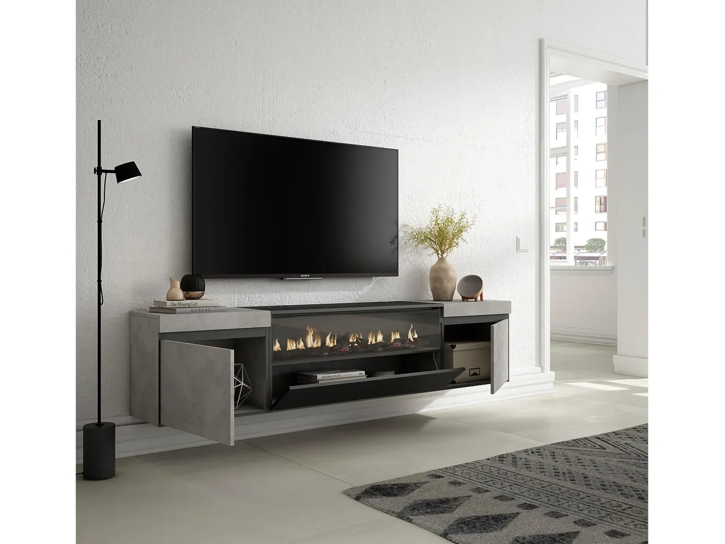 Mueble TV, Televisión, 200x35x45cm, Para TV hasta 80", Chimenea eléctrica, Colgado, Suspendido, Cemento