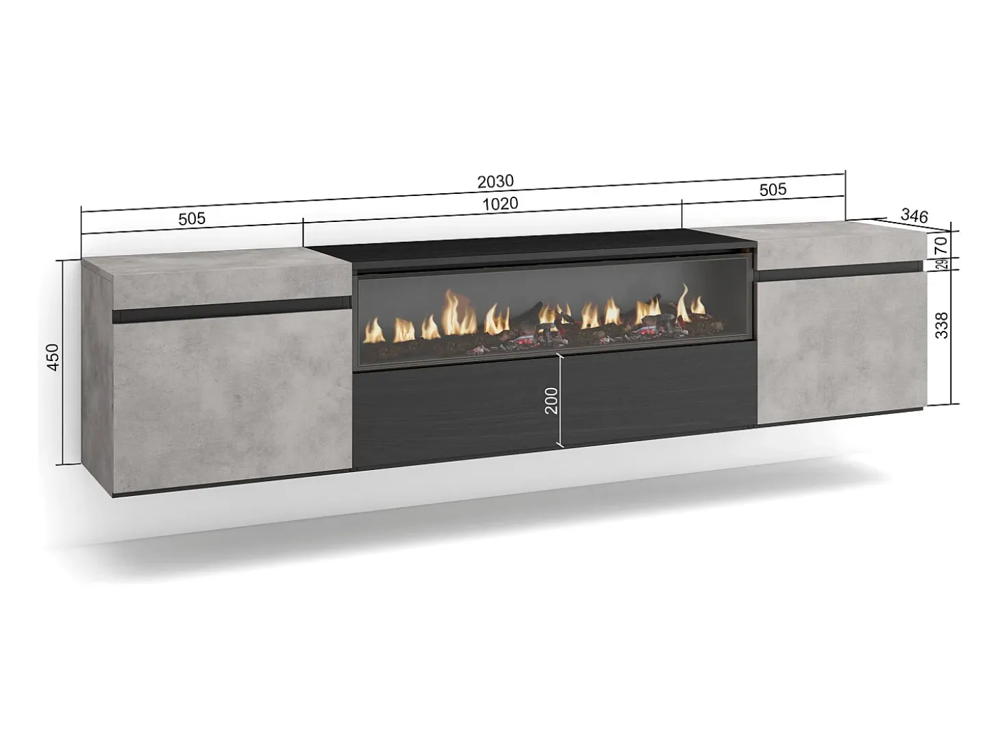 Mueble TV, Televisión, 200x35x45cm, Para TV hasta 80", Chimenea eléctrica, Colgado, Suspendido, Cemento