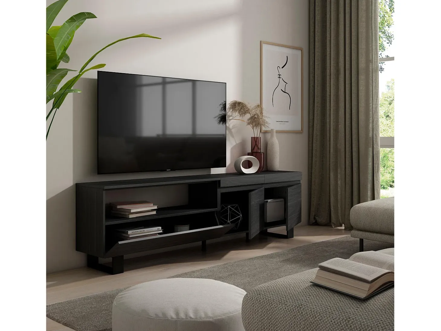 Mueble TV, Televisión, 200x35x57cm, Para TV hasta 80", Diseño industrial, Negro