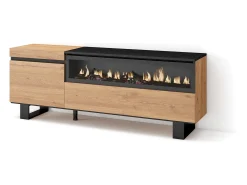 Mueble TV, Televisión, 150x35x57cm, Para TV hasta 65", Chimenea eléctrica, Diseño industrial, Roble y negro