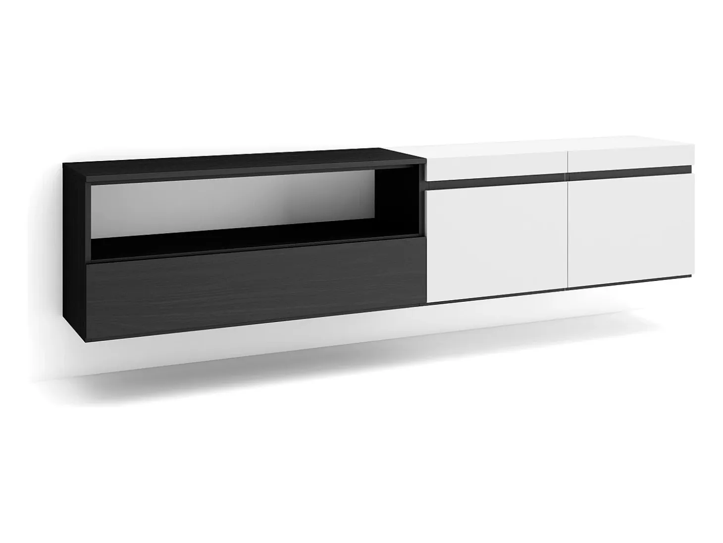 Mueble TV, Televisión, 200x35x45cm, Para TV hasta 80", Colgado, Suspendido, Blanco y negro