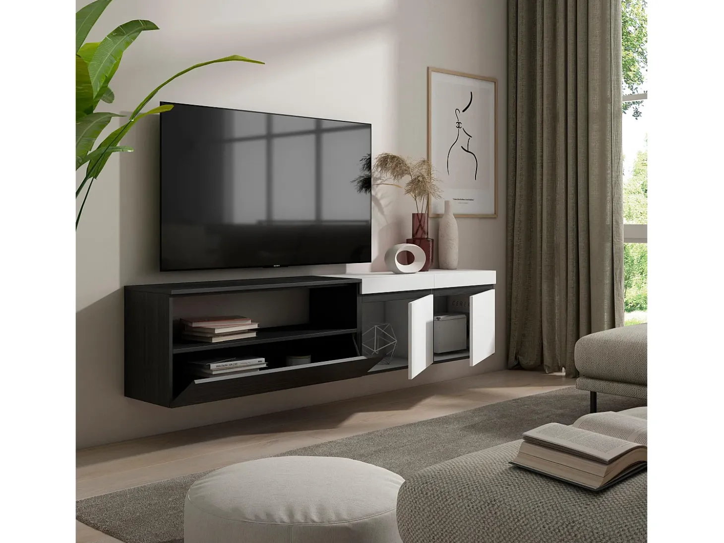 Mueble TV, Televisión, 200x35x45cm, Para TV hasta 80", Colgado, Suspendido, Blanco y negro