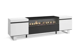Mueble TV, Televisión, 200x35x57cm, Para TV hasta 80", Chimenea eléctrica, Diseño industrial, Blanco y negro