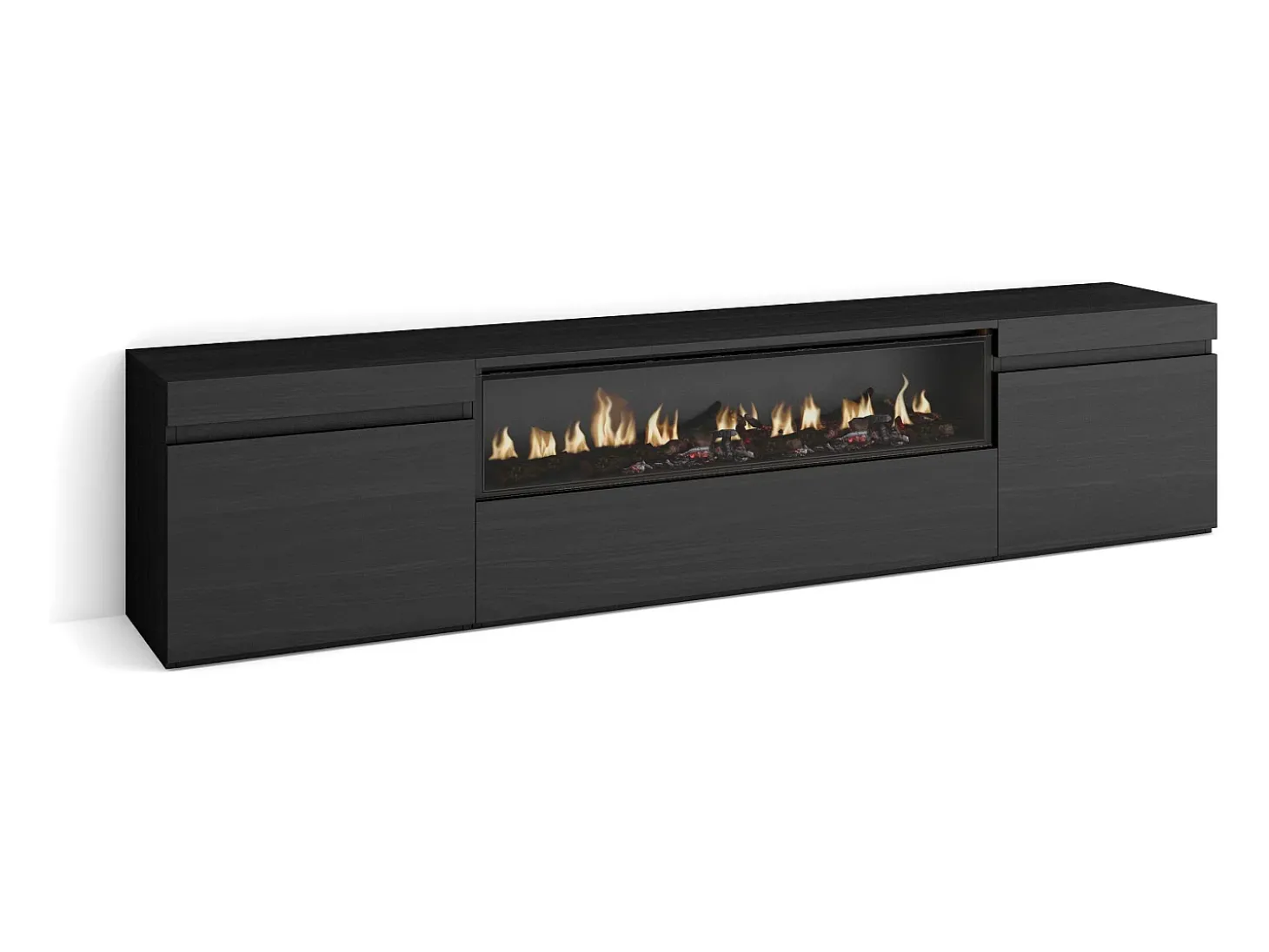 Mueble TV, Televisión, 200x35x45cm, Para TV hasta 80", Chimenea eléctrica, Negro