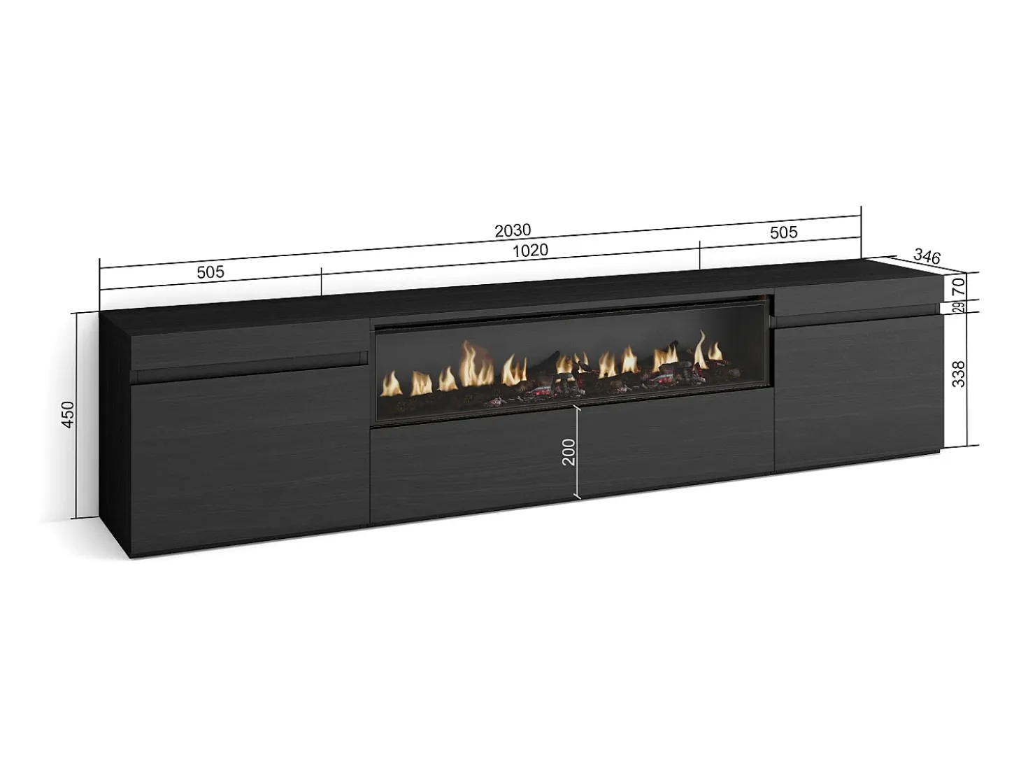 Mueble TV, Televisión, 200x35x45cm, Para TV hasta 80", Chimenea eléctrica, Negro