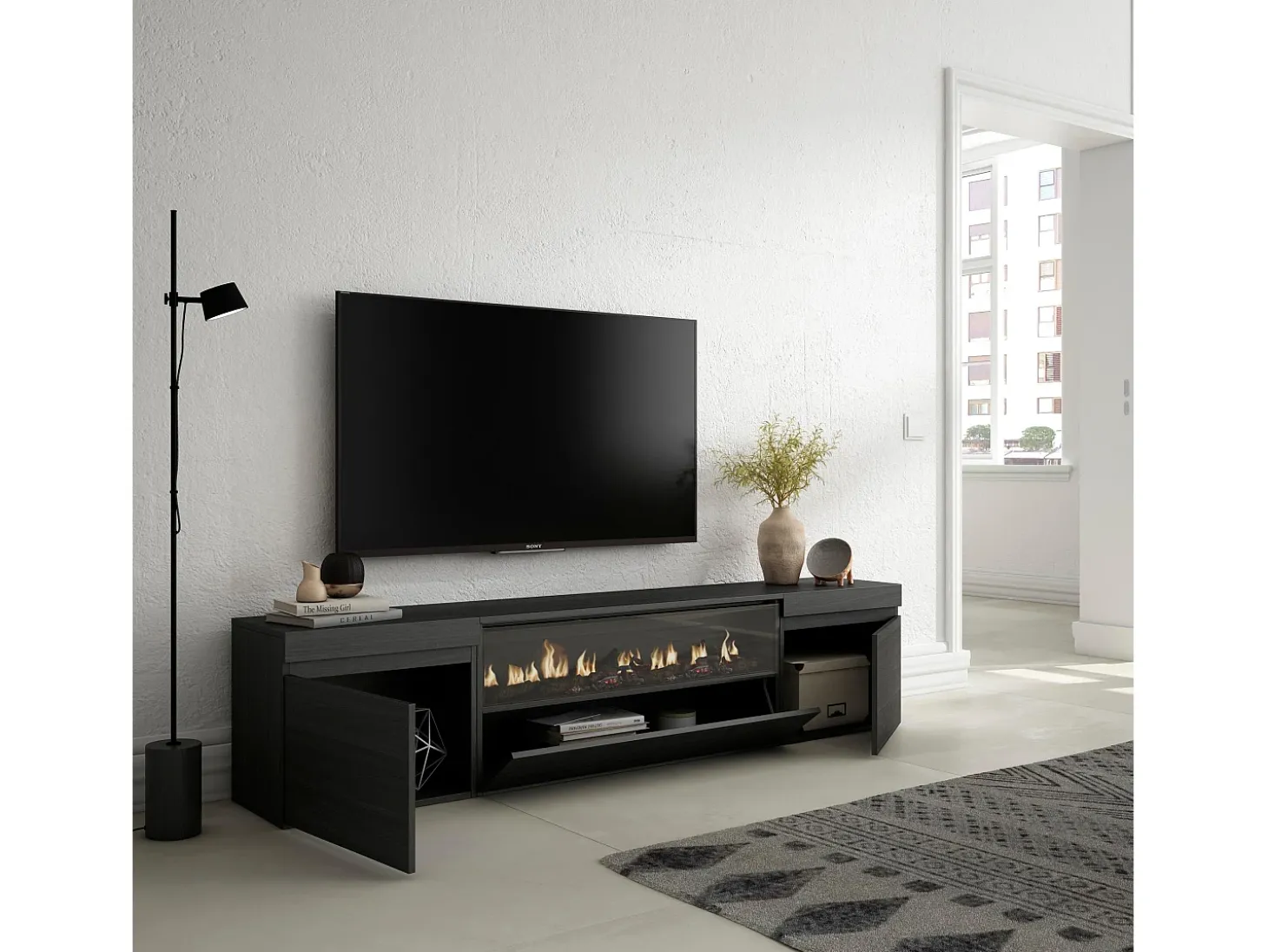 Mueble TV, Televisión, 200x35x45cm, Para TV hasta 80", Chimenea eléctrica, Negro