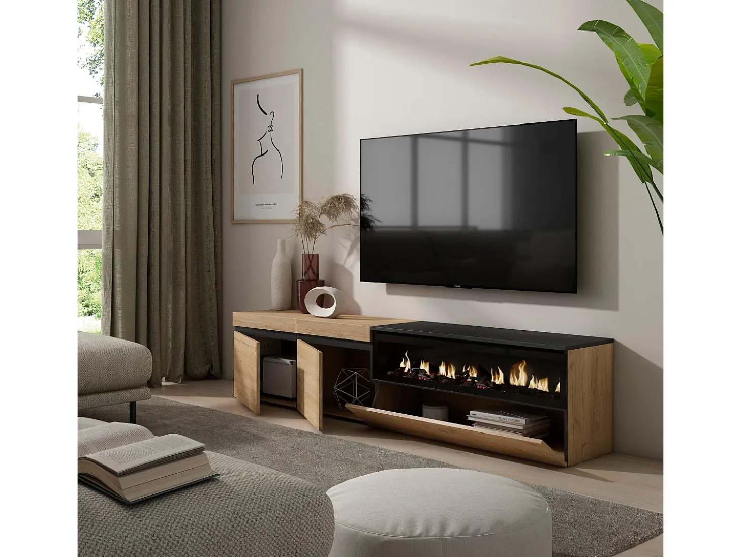 Mueble TV, Televisión, 200x35x45cm, Para TV hasta 80", Chimenea eléctrica, Roble y negro