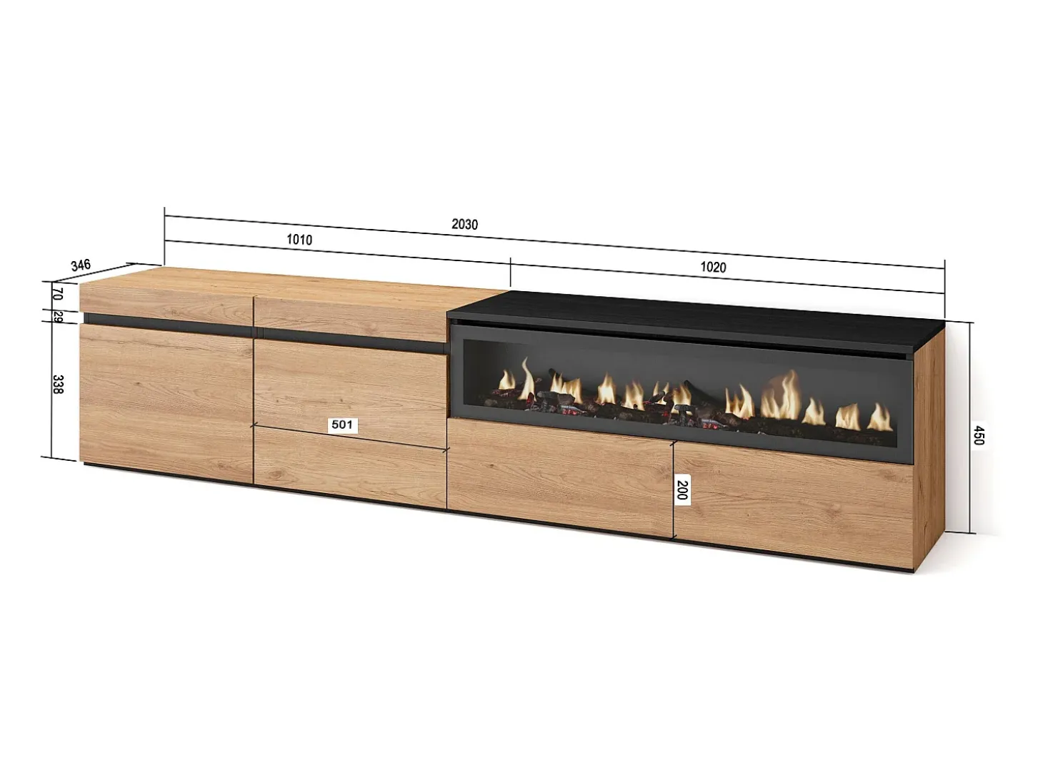 Mueble TV, Televisión, 200x35x45cm, Para TV hasta 80", Chimenea eléctrica, Roble y negro