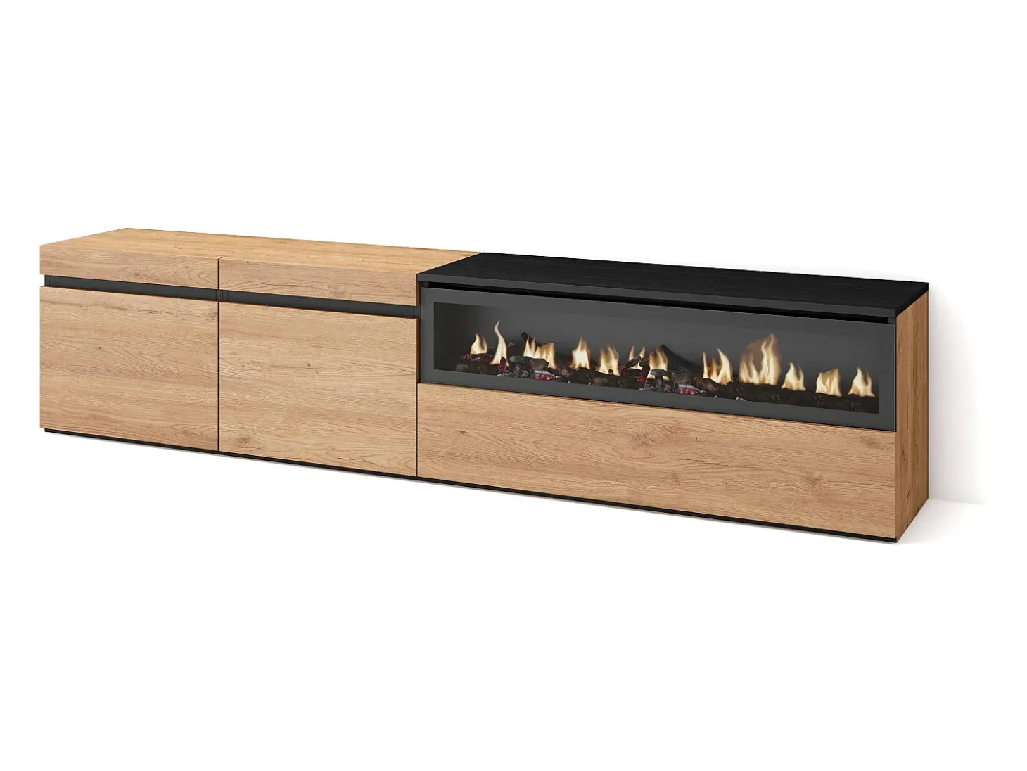 Mueble TV, Televisión, 200x35x45cm, Para TV hasta 80", Chimenea eléctrica, Roble y negro