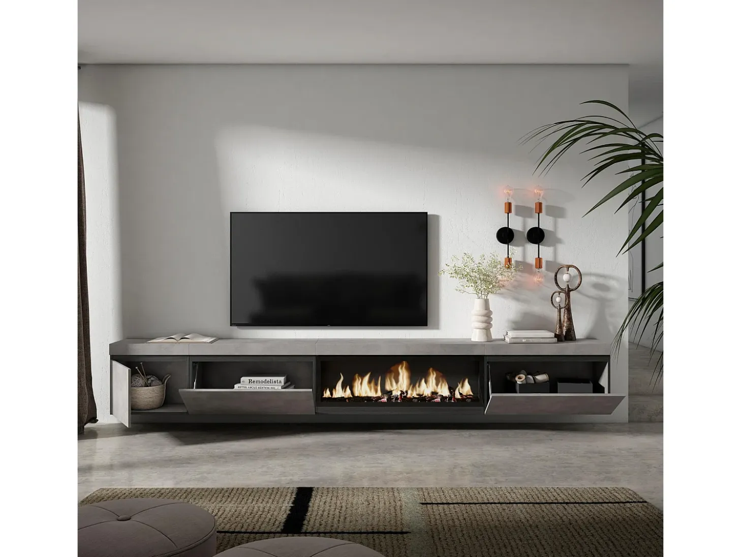 Mueble TV, Televisión, 317x35x45cm, Chimenea eléctrica XXL, Colgado, Suspendido, Cemento