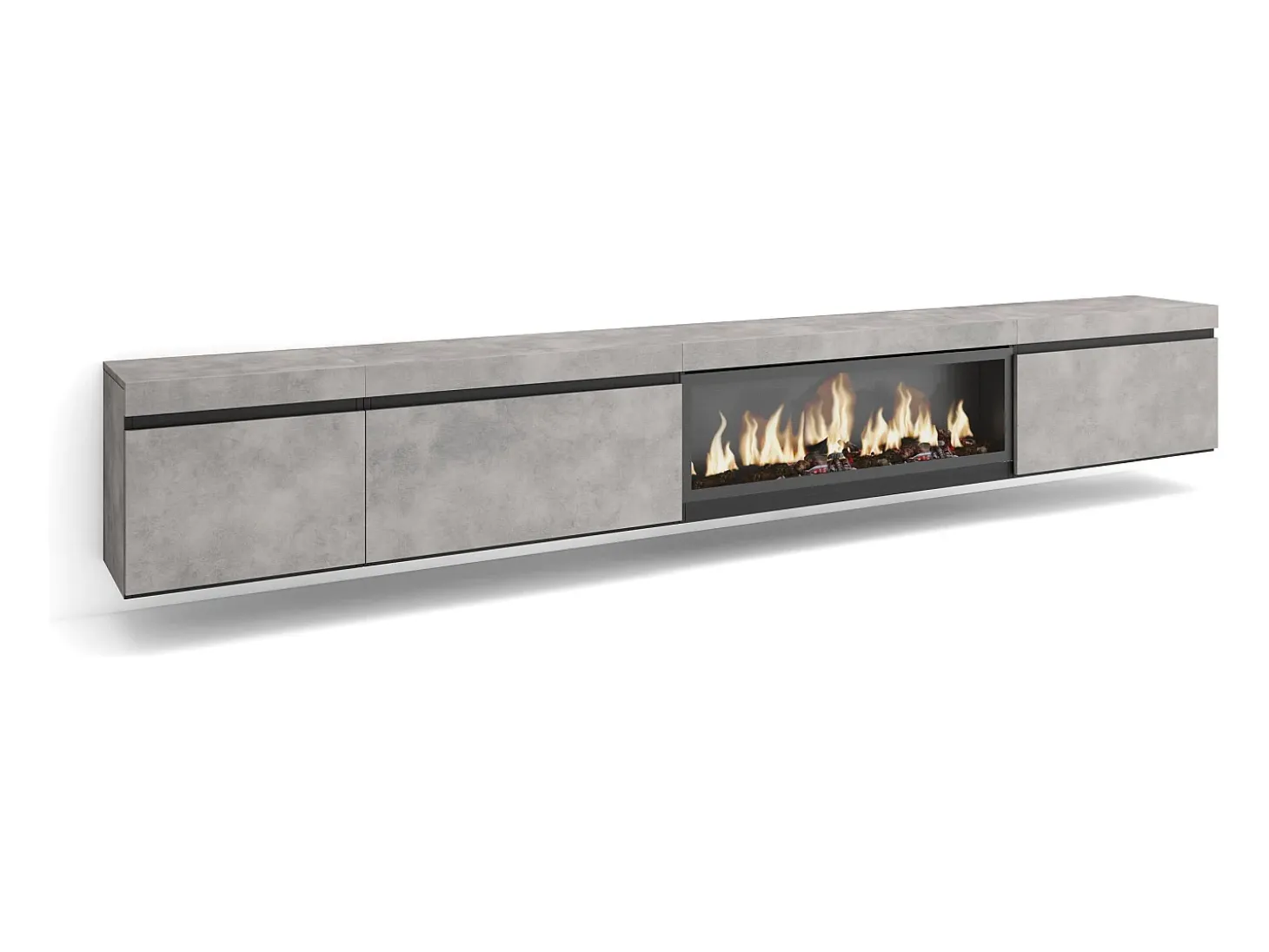 Mueble TV, Televisión, 317x35x45cm, Chimenea eléctrica XXL, Colgado, Suspendido, Cemento