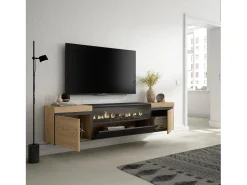 Mueble TV, Televisión, 200x35x45cm, Para TV hasta 80", Chimenea eléctrica, Colgado, Suspendido, Roble y negro