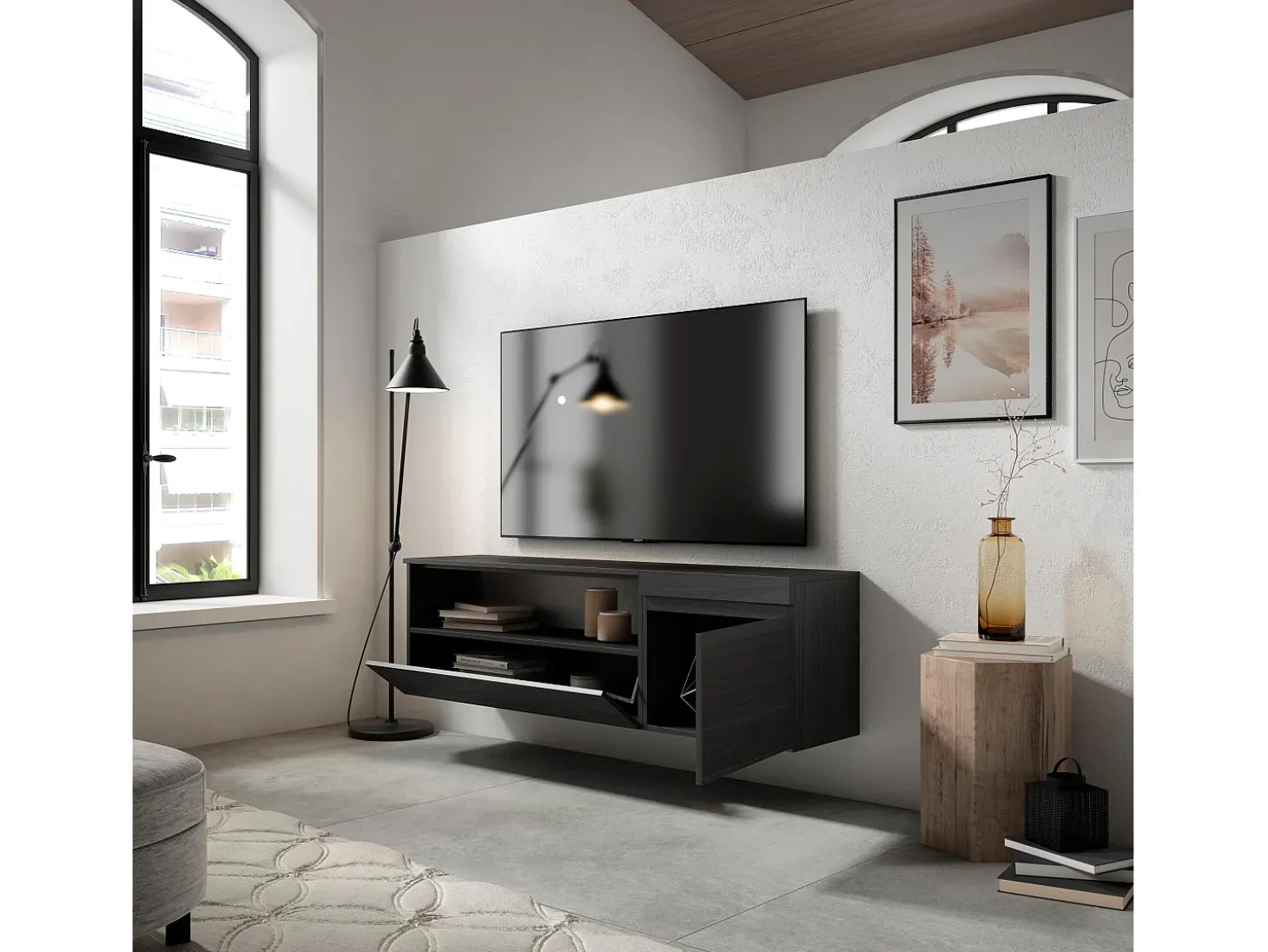 Mueble TV, Televisión, 150x35x45cm, Para TV hasta 65", Colgado, Suspendido, Negro
