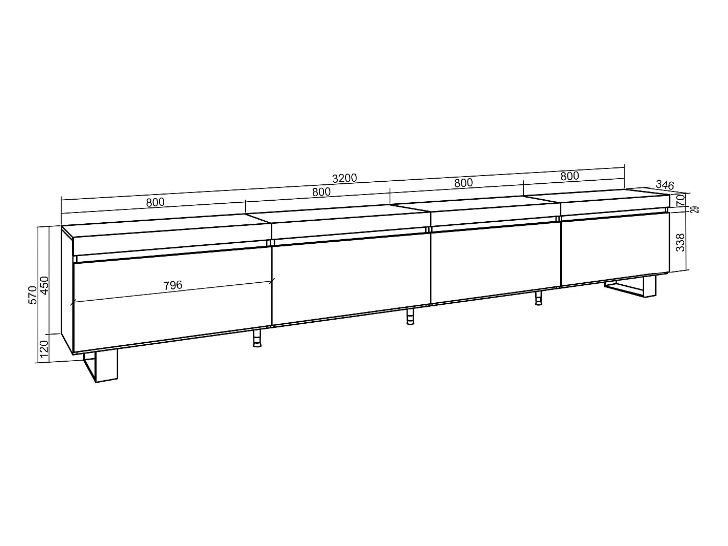 Mueble TV, Televisión, 320x35x57cm, Para TV gran formato, Diseño industrial, Negro