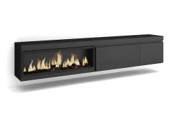 Mueble TV, Televisión, 237x35x45cm, Para TV gran formato, Chimenea eléctrica XXL, Colgado, Suspendido, Negro