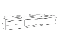 Mueble TV, Televisión, 267x35x45cm, Para TV gran formato, Chimenea eléctrica XXL, Colgado, Suspendido, Negro