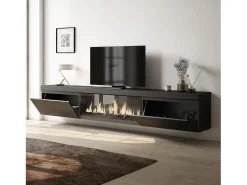 Mueble TV, Televisión, 267x35x45cm, Para TV gran formato, Chimenea eléctrica XXL, Colgado, Suspendido, Negro