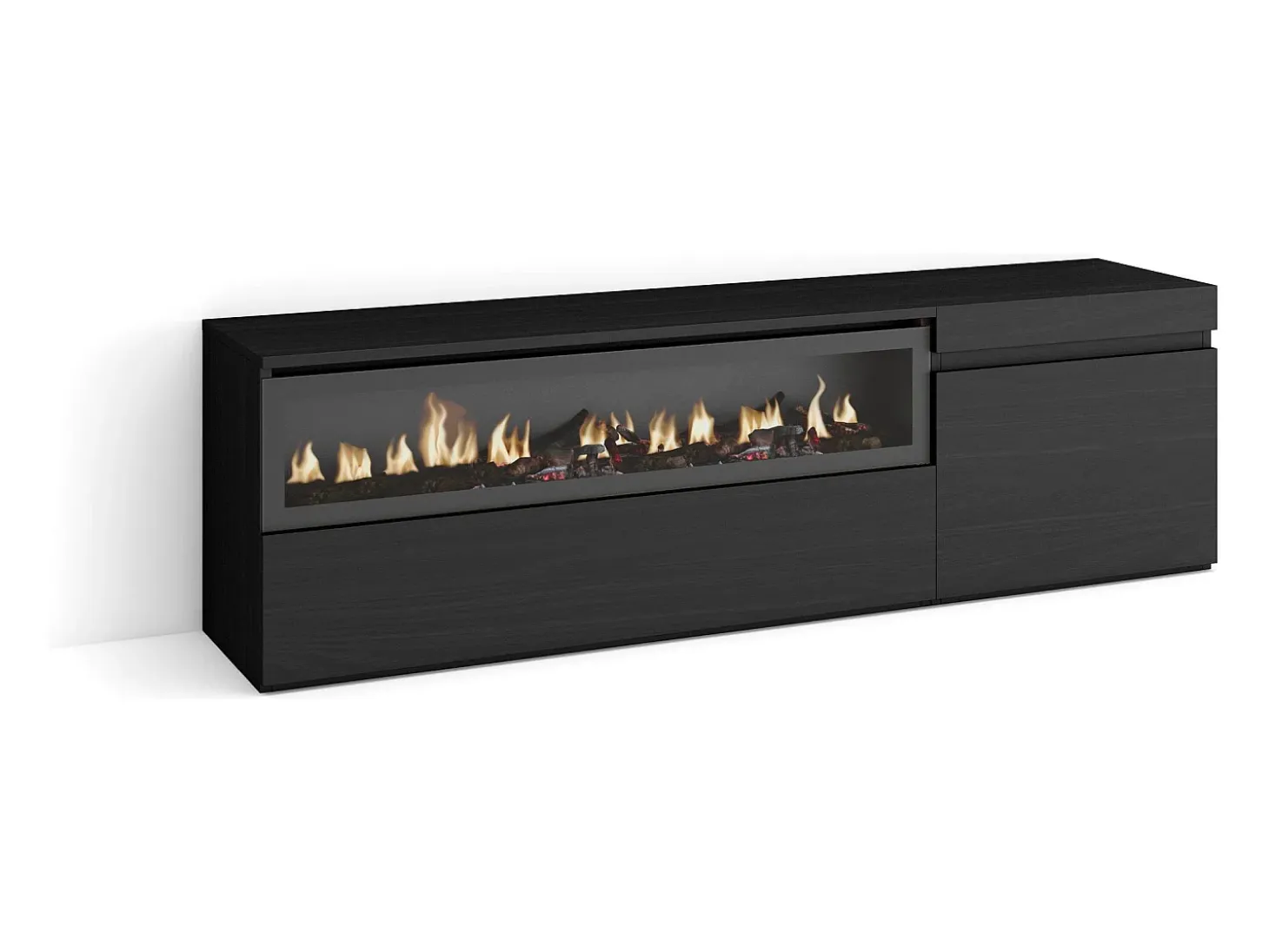 Mueble TV, Televisión, 150x35x45cm, Para TV hasta 65", Chimenea eléctrica, Negro