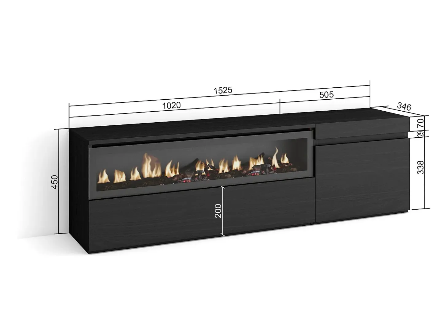 Mueble TV, Televisión, 150x35x45cm, Para TV hasta 65", Chimenea eléctrica, Negro