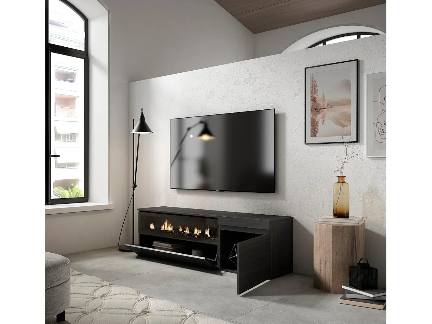 Mueble TV, Televisión, 150x35x45cm, Para TV hasta 65", Chimenea eléctrica, Negro
