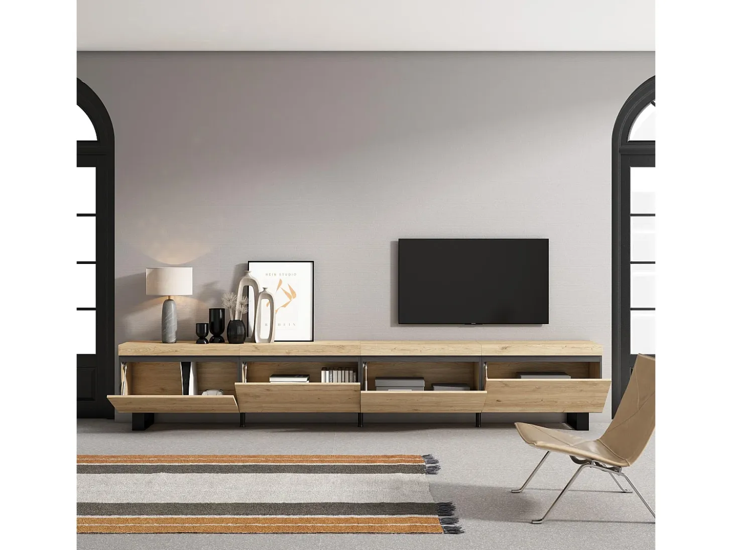 Mueble TV, Televisión, 320x35x57cm, Para TV gran formato, Diseño industrial, Roble