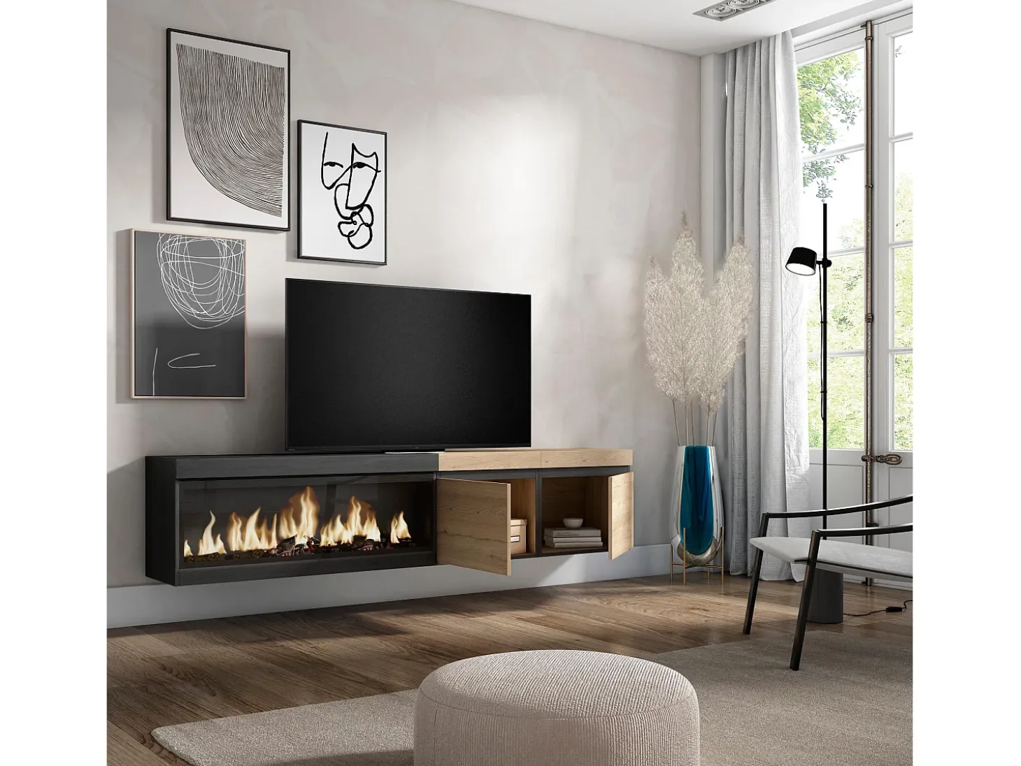 Mueble TV, Televisión, 208x35x45cm, Para TV hasta 80", Chimenea eléctrica XXL, Colgado, Suspendido, Roble y negro