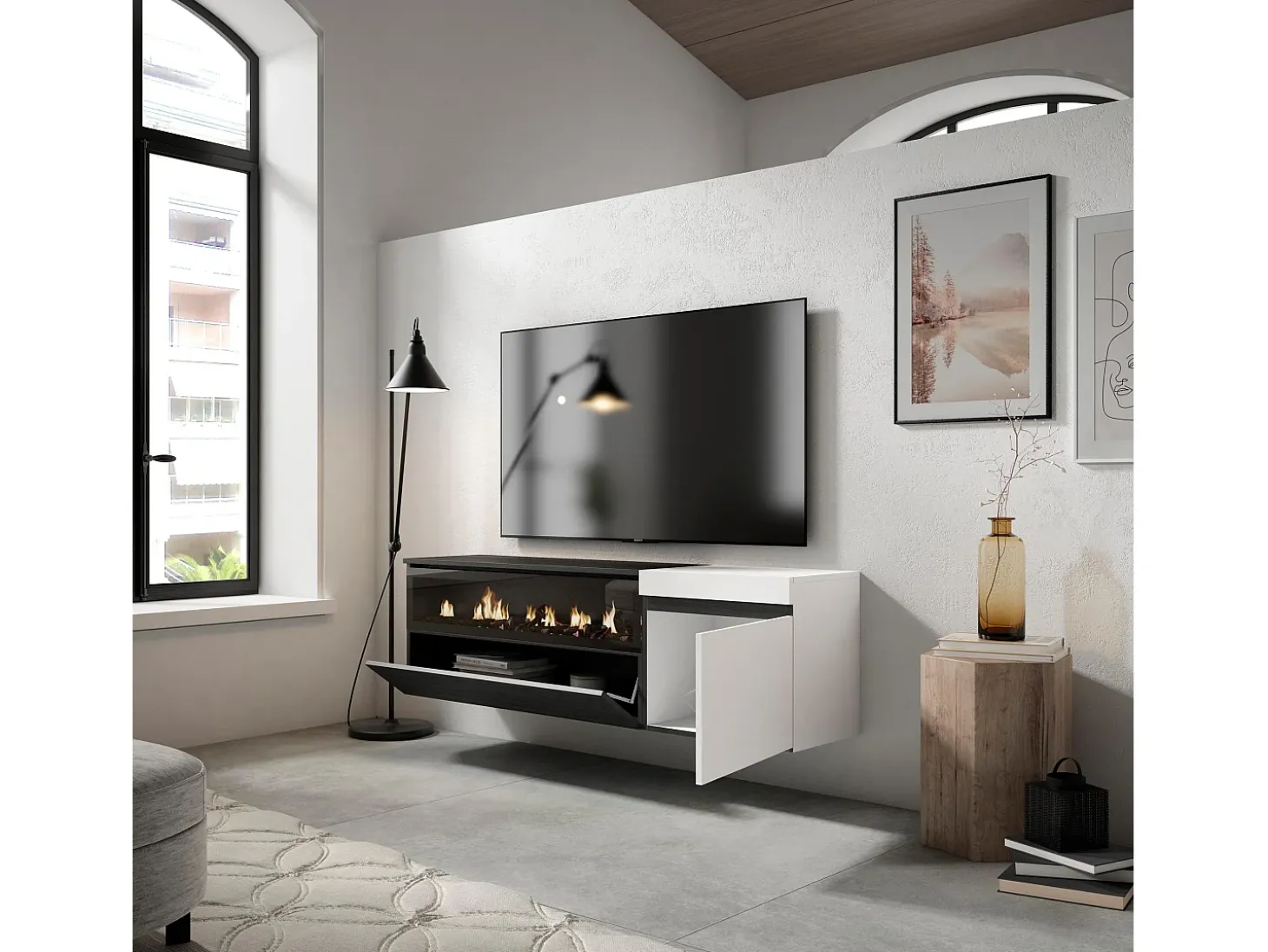 Mueble TV, Televisión, 150x35x45cm, Para TV hasta 65", Chimenea eléctrica, Colgado, Suspendido, Blanco y negro
