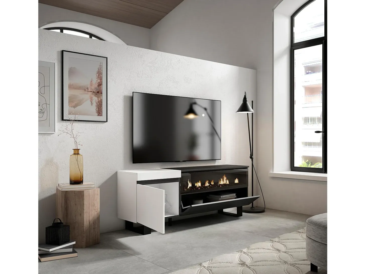 Mueble TV, Televisión, 150x35x57cm, Para TV hasta 65", Chimenea eléctrica, Diseño industrial, Blanco y negro