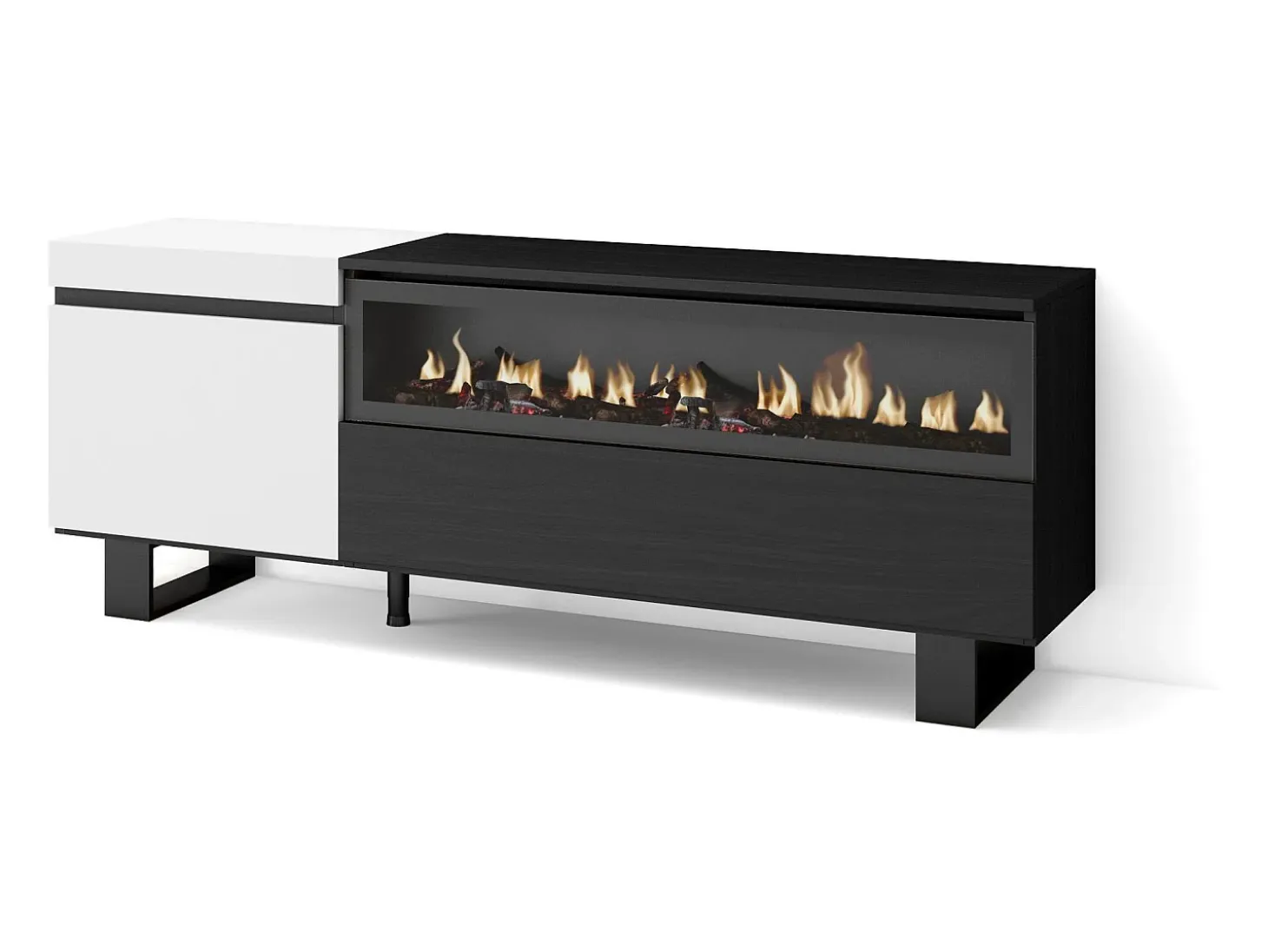 Mueble TV, Televisión, 150x35x57cm, Para TV hasta 65", Chimenea eléctrica, Diseño industrial, Blanco y negro
