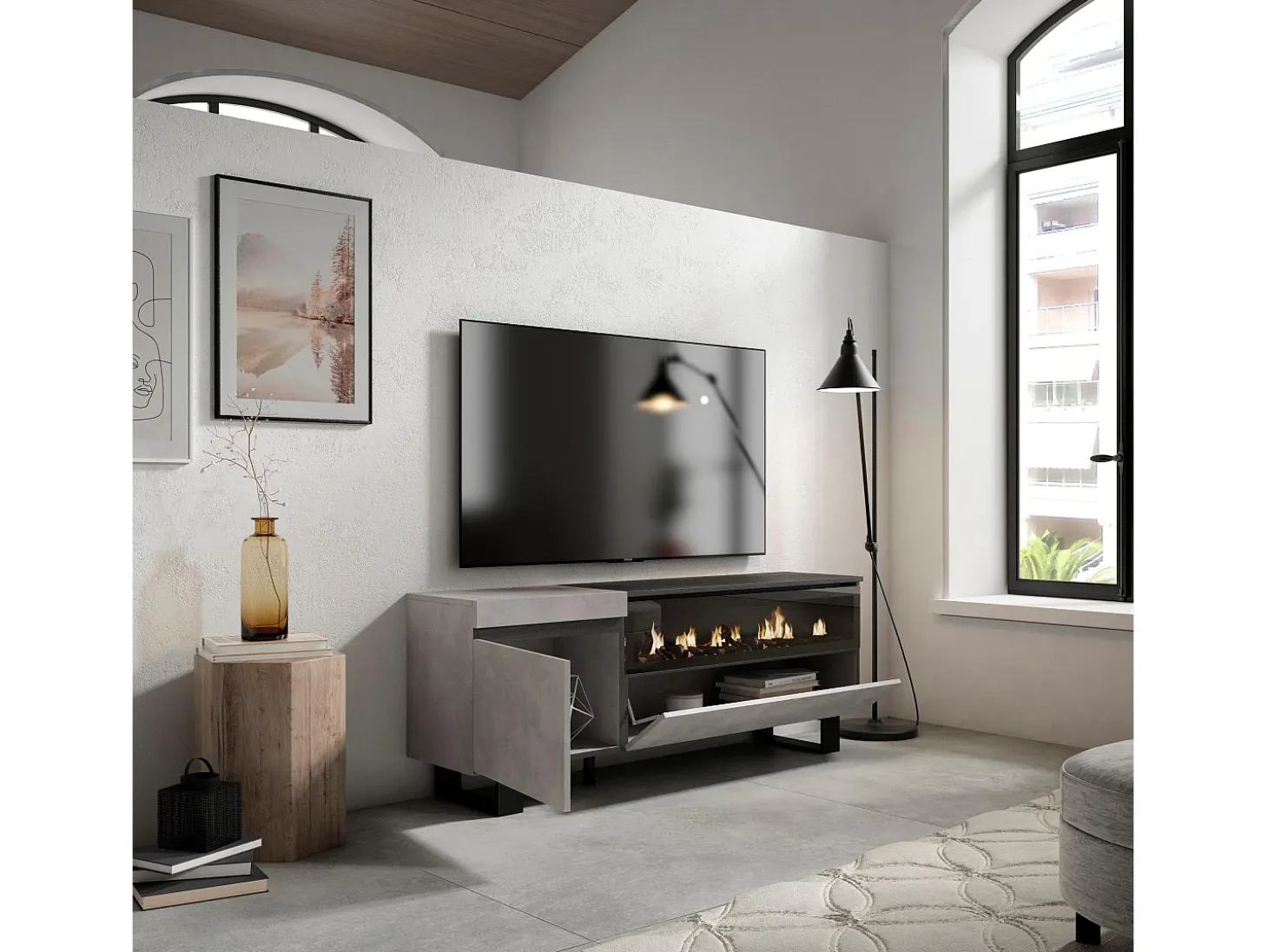 Mueble TV, Televisión, 150x35x57cm, Para TV hasta 65", Chimenea eléctrica, Diseño industrial, Cemento