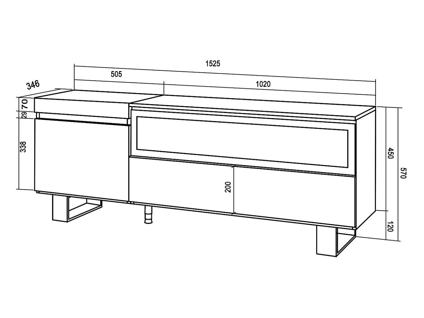 Mueble TV, Televisión, 150x35x57cm, Para TV hasta 65", Chimenea eléctrica, Diseño industrial, Cemento