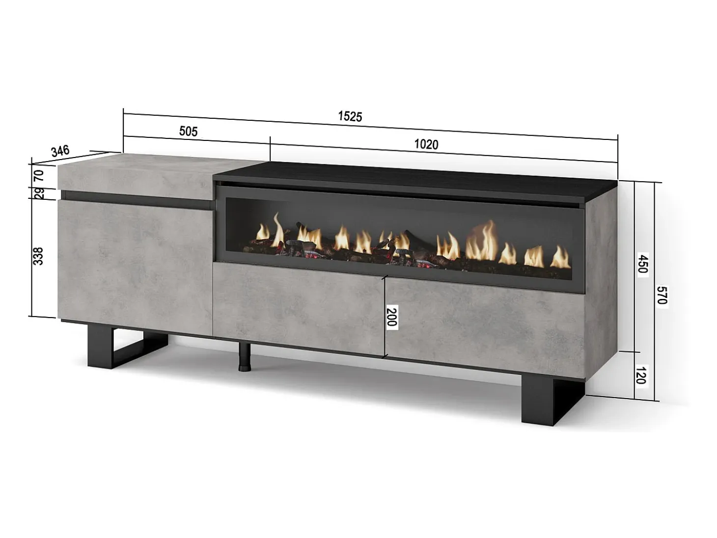 Mueble TV, Televisión, 150x35x57cm, Para TV hasta 65", Chimenea eléctrica, Diseño industrial, Cemento