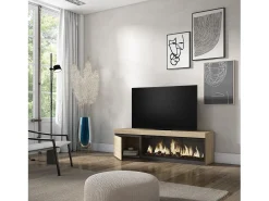 Mueble TV, Televisión, 158x35x45cm, Para TV hasta 65", Chimenea eléctrica XXL, Roble