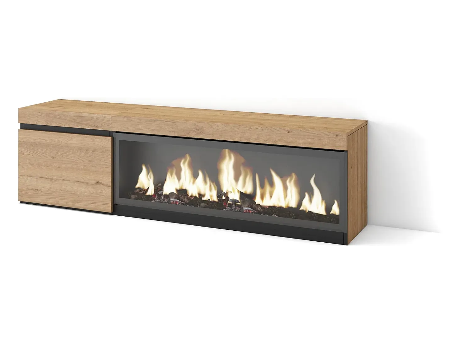 Mueble TV, Televisión, 158x35x45cm, Para TV hasta 65", Chimenea eléctrica XXL, Roble