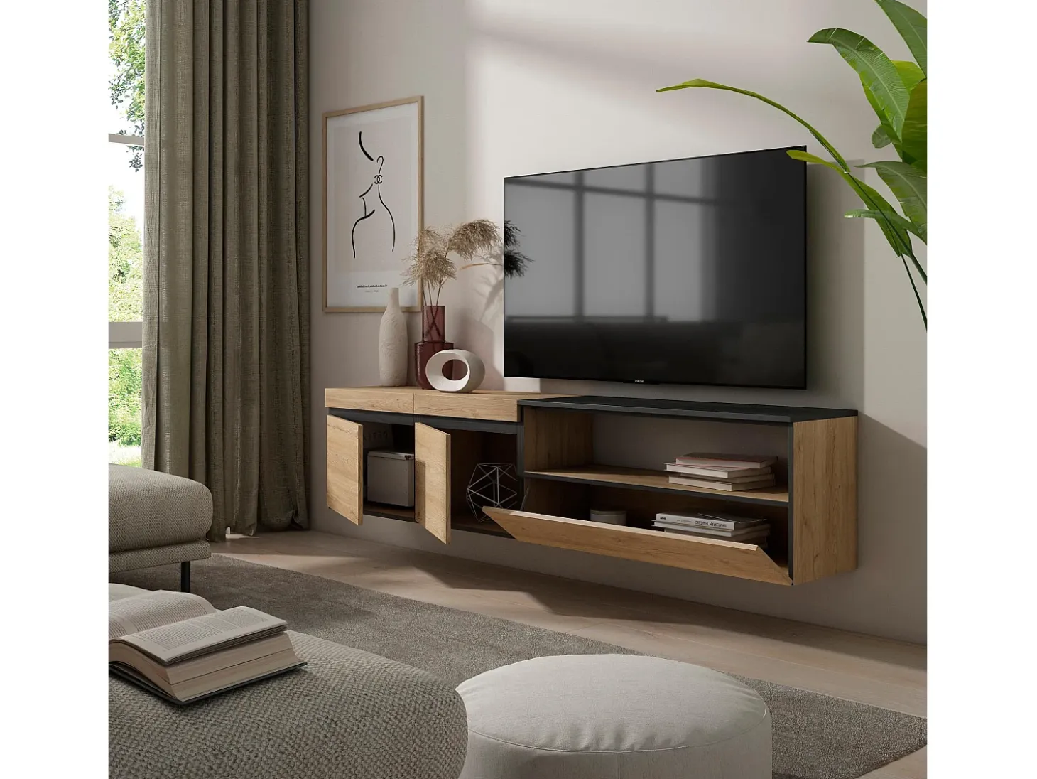 Mueble TV, Televisión, 200x35x45cm, Para TV hasta 80", Colgado, Suspendido, Roble y negro