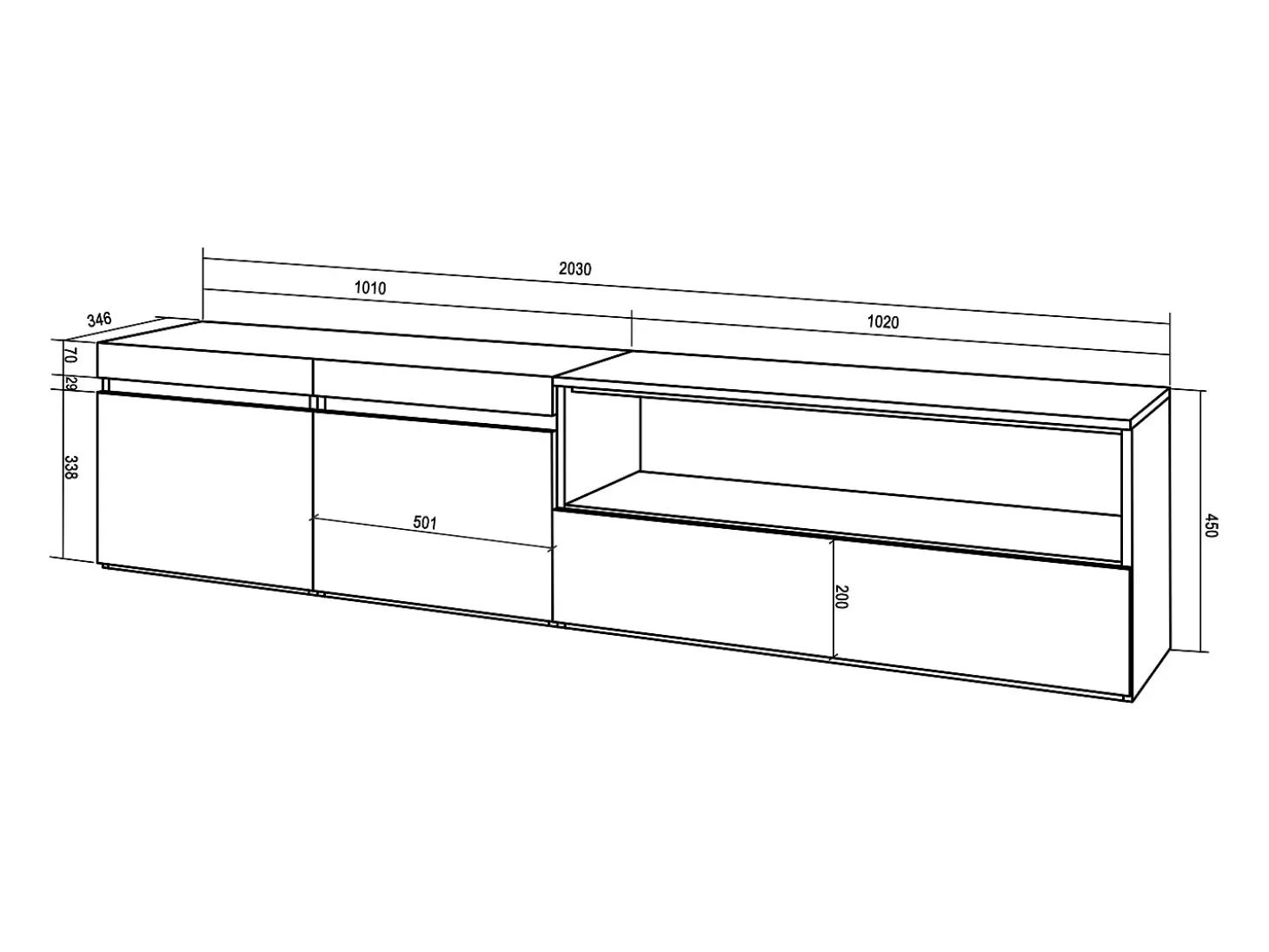 Mueble TV, Televisión, 200x35x45cm, Para TV hasta 80", Colgado, Suspendido, Roble y negro