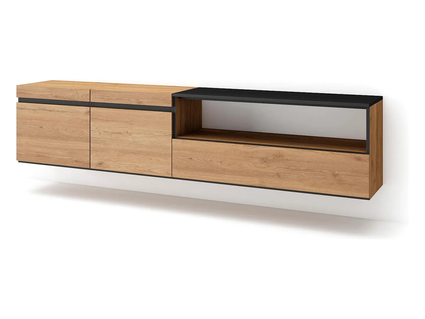 Mueble TV, Televisión, 200x35x45cm, Para TV hasta 80", Colgado, Suspendido, Roble y negro