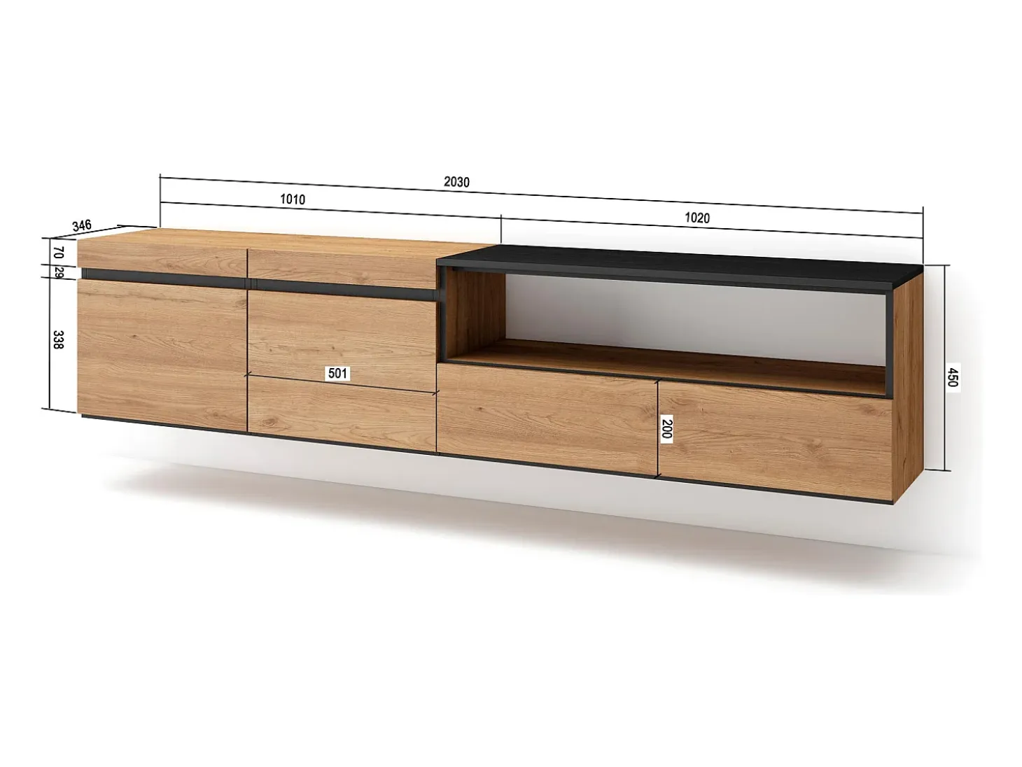 Mueble TV, Televisión, 200x35x45cm, Para TV hasta 80", Colgado, Suspendido, Roble y negro
